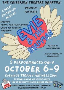 Evie and the Birdman poster. A flying red heart with the dates 6-9 October in Grafton, NSW. 