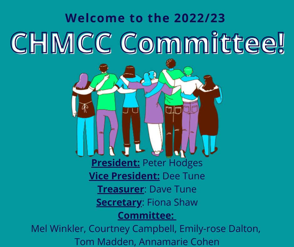Cyan background with cartoon like people which welcomes the new CHMCC committee.
